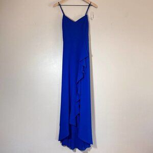 Belle Badgley Mischka Royal Blue Cobalt Dress Maxi Cross Back Ruffle Women's 10